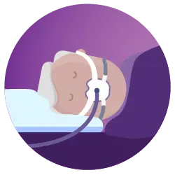 Pyöreä violetti kuvake, joka esittää kyljellään nukkuvaa, maskia käyttävää miestä.