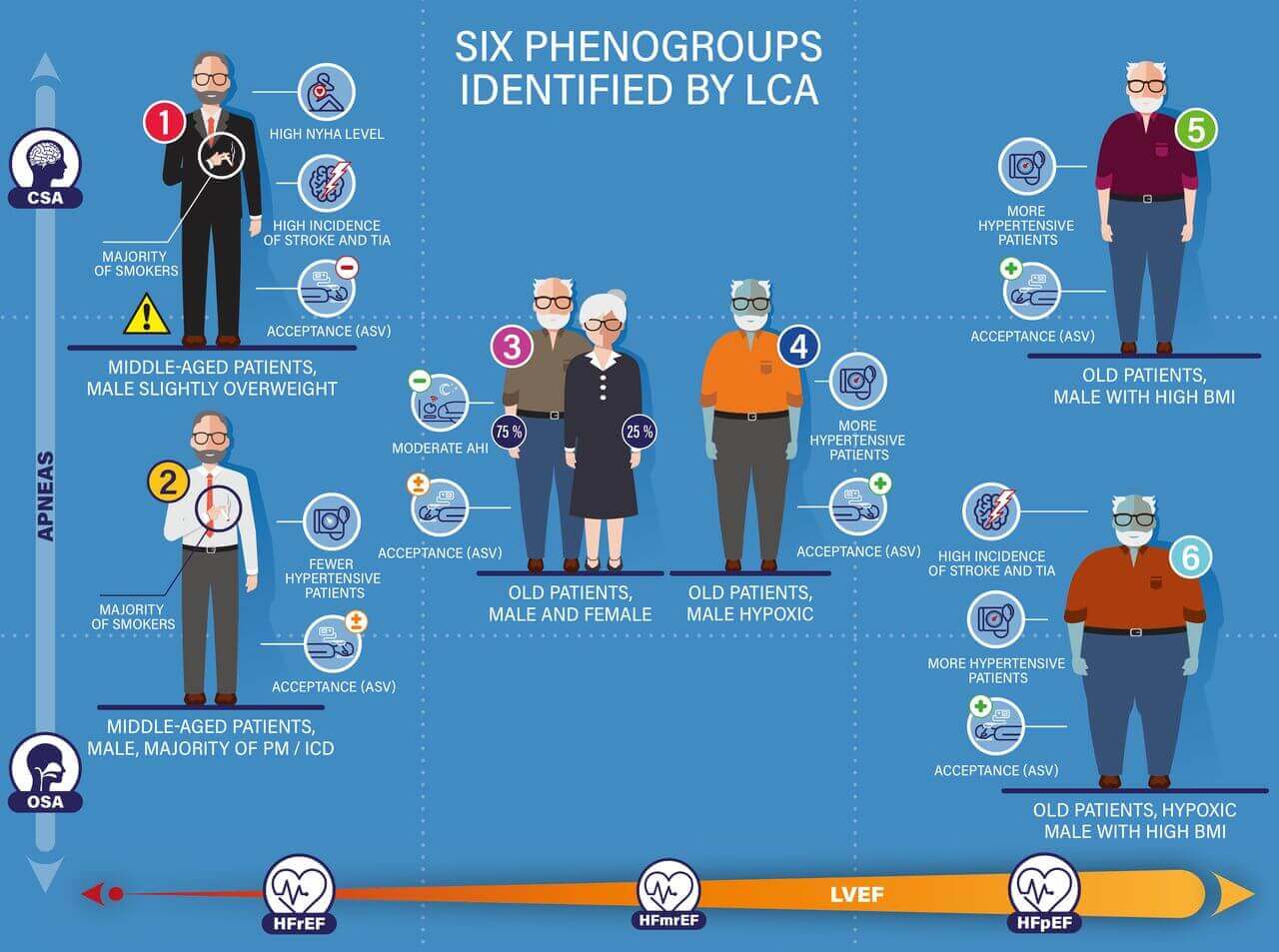 Infograafi: sydämen vajaatoimintaa sairastavien potilaiden kuusi fenotyyppiä FACE-rekisterissä.