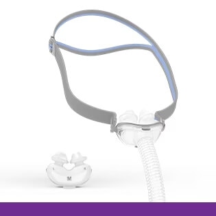 Kuva ResMedin AirFit P10 sierainmaskin pääremmeistä ja maskityynystä.